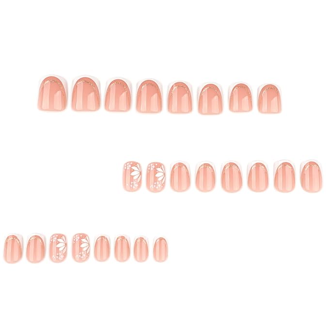 Square Press On Nails Short – Nude Pink French Tips with White Floral Design, 24PCS Thick Acrylic Fake Nails Kit, Glossy Reusable Stick On Nails with Glue & Tools for Women, Elegant DIY Manicure