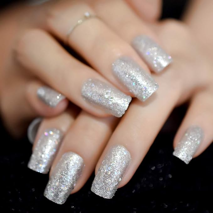 Pretty Full Cover Silver White Bling Glitter Press on False Nails Medium Long Square Salon DIY Manicure Reusable Fake Acrylic Nail Art Tips with Jelly Adhesive Tabs Nail File