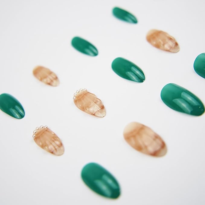 24Pcs Orange Shell Medium Almond Acrylic False Nails with Dark Green Glitter Design Silver Pearl Finish, Glossy Full Cover Artificial Glue on Nails, Summer Stick on Nails for Women Manicure