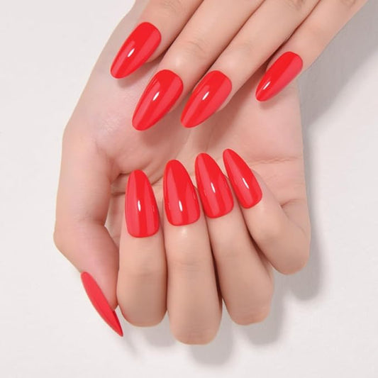 evpct Bright Red Medium Almond Glossy Press on Nails for Women Gift, Glossy Bright Red Fake Nail with Glue Manicure Kit, Soft Gel Full Cover Reusable Stick on Glue on Acrylic False Nails Perfectly Fit