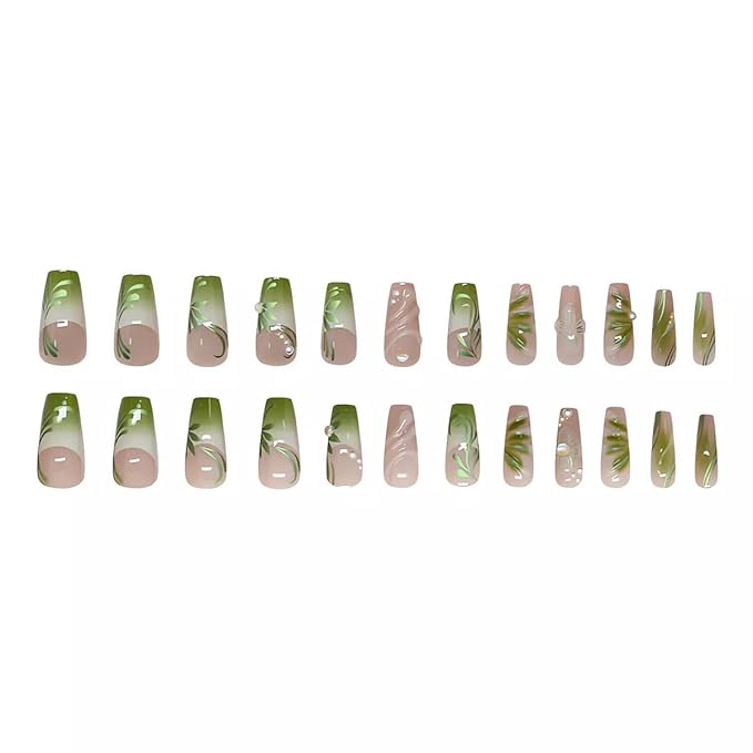 3D Press on Nails Acrylic Rhinestone Fake Nails Long Coffin Gradient Nude Green with Leaf Design Artificial Nails Pearl Accents Glue on Nails for Women Girls, 24Pcs