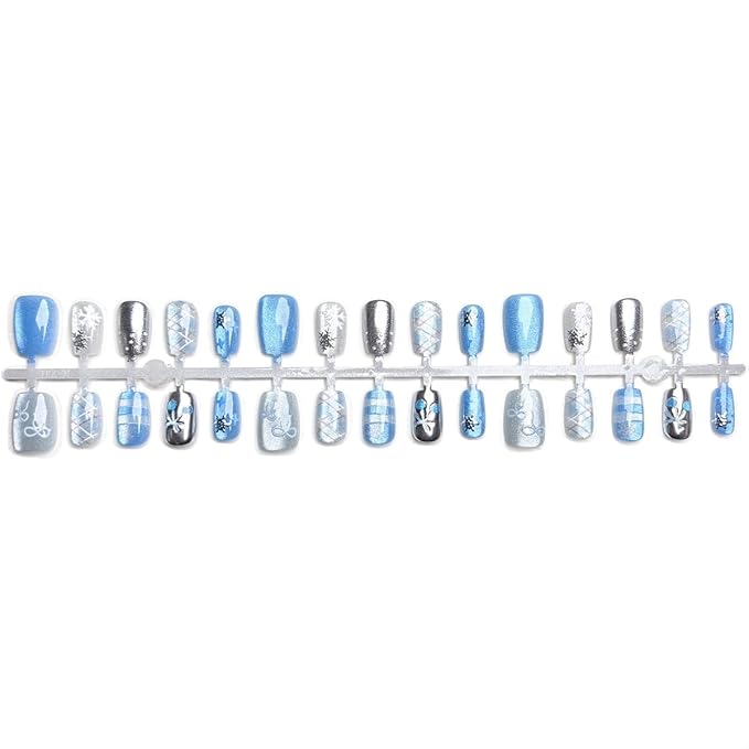 Blue Snowflake Press on Nails Short Fake Nails Square Glitter False Nail with Bow Cherry Checkered Designs Silver Acrylic Artificial Nails Full Cover Winter Snowflake Glue on Nails for Women, 30Pcs