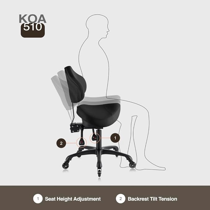 Pneumatic Swivel Rolling Saddle Chair with Wheels and Ergonomic Back Support for Hair Stylist, Dental Hygienist, Hygienic Clinic, Spa, Massage, Home, Office - 510 KOA (Black, Standard)