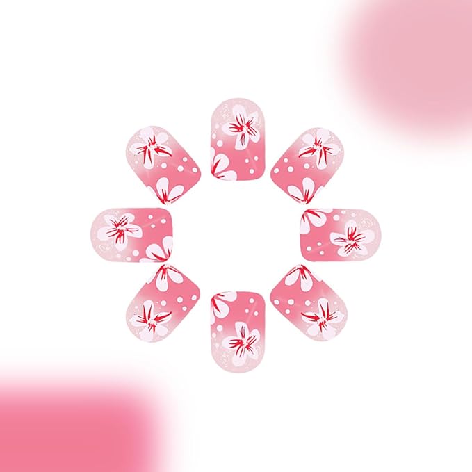 Flower Press-on Nails Short Square Fake Nails Peach Floral with Rhinestone Design French Tip False Nails Gradient Glue on Nail Glossy Stick on Nail Spring Acrylic for Women Decor Salon Manicure