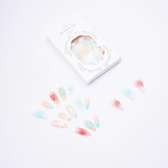 24pcs Summer Press on Nails Medium Almond Fake Nails with 3D Flower Butterfly Designs Pearl Glue on Nails French Tip False Nails Kit Gradient Full Cover Acrylic Nails Stick on Nails for Women