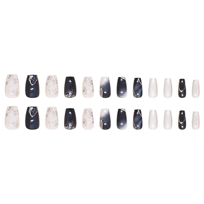 24pcs Silver Flower Press on Nails Medium Square Summer Floral Fake Nails with Designs Glitter Stick on Nails Gradient False Nails 3D Flowers Acrylic Nails Kit Full Cover Glue on Nails for Women