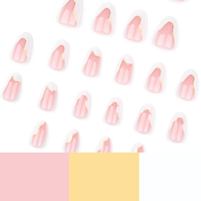 White Nail Press ons French Tip Press on Nails Gold Line Fake Nails Short Almond False Nails Glossy Glue on Nails Reusable Artificial Acrylic Full Cover Stick on Nails for Women Girls Manicure 24Pcs