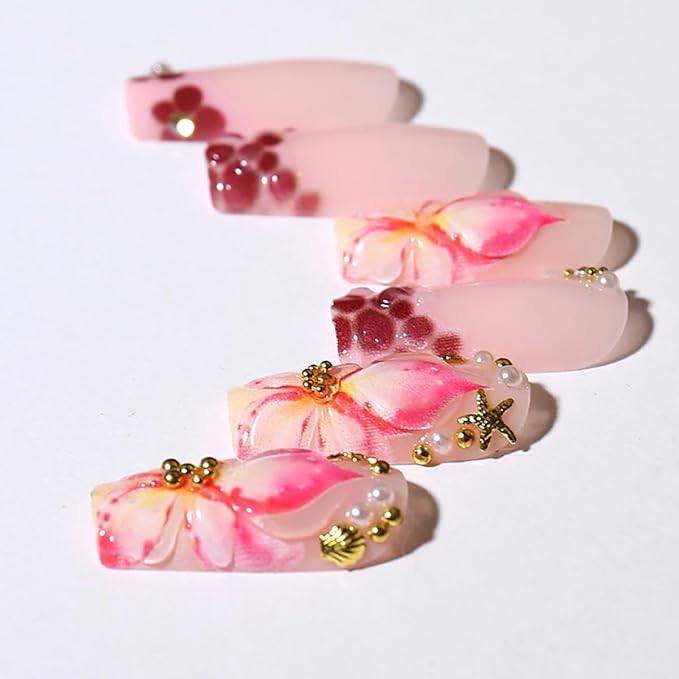 24Pcs Summer Flower Press on Nails Medium Square French Tip Fake Nails 3D Pink Floral with Gold Starfish Press Ons Cute Stick on Nail Ocean Beach False Nails Glue on Nail for Women Acrylic Nails