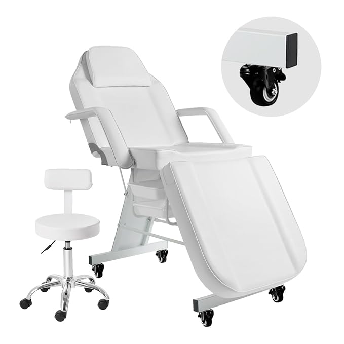Facial Chair with Wheels Tattoo Chair 73inch Adjustable Tattoo Bed for Client Massage Table with Stool Massage Table Facial Bed for Spa Beauty Esthetician White
