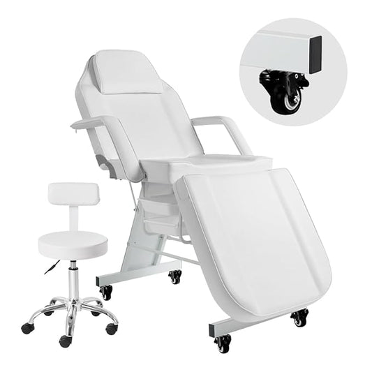 Facial Chair with Wheels Tattoo Chair 73inch Adjustable Tattoo Bed for Client Massage Table with Stool Massage Table Facial Bed for Spa Beauty Esthetician White