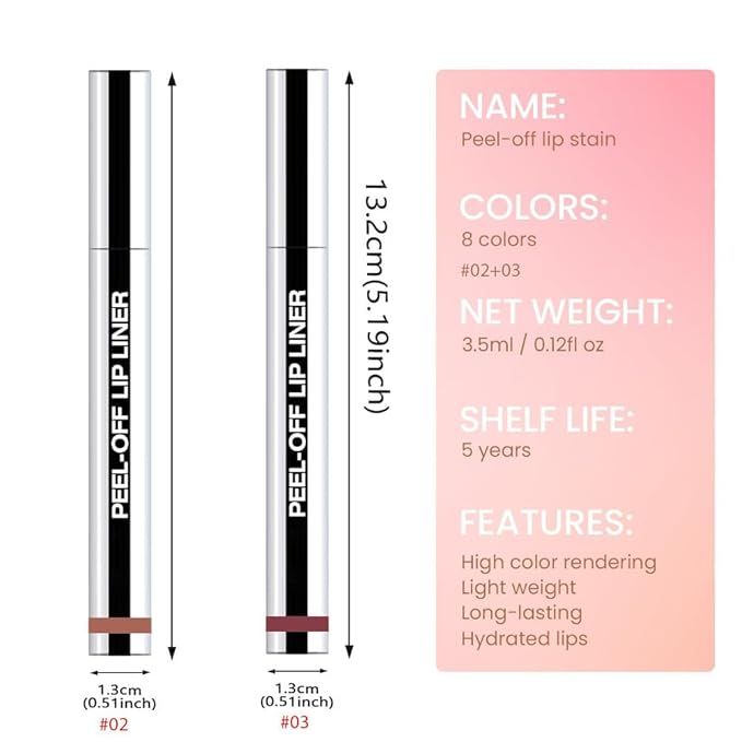 2Pcs Matte Liquid Lip Gloss Stain-Peel Off Lip Liner Tattoo, Long Lasting Peel Off Lip Stain,Waterproof & Transfer-Proof Lip Liner Peel Off Lip Gloss for All Skin Types (#02+#03)