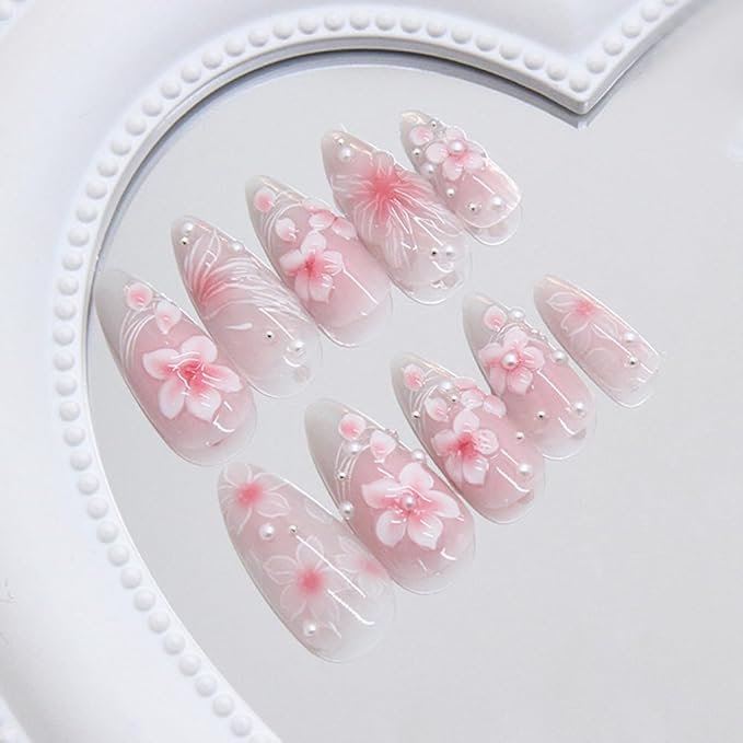Almond Press on Nails Medium Fake Nails with Butterfly Pearl Designs 3D Flower Stick on Nails Pink Gradient Acrylic Glossy Artificial Full Cover Glue on Nails for Women 24Pcs
