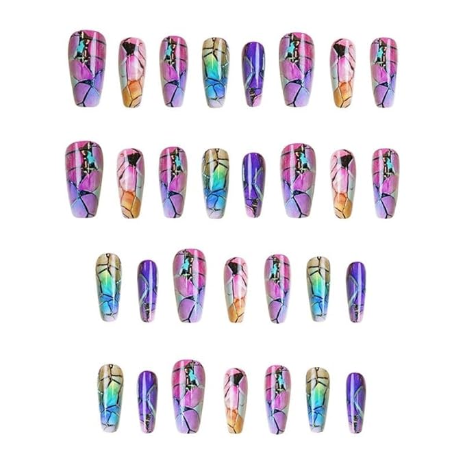 Long Press on Nails Coffin Shape with Marble Design Fake Nails Hot Girl Glue on Nails for Prom and Party Gift for Women 24pcs