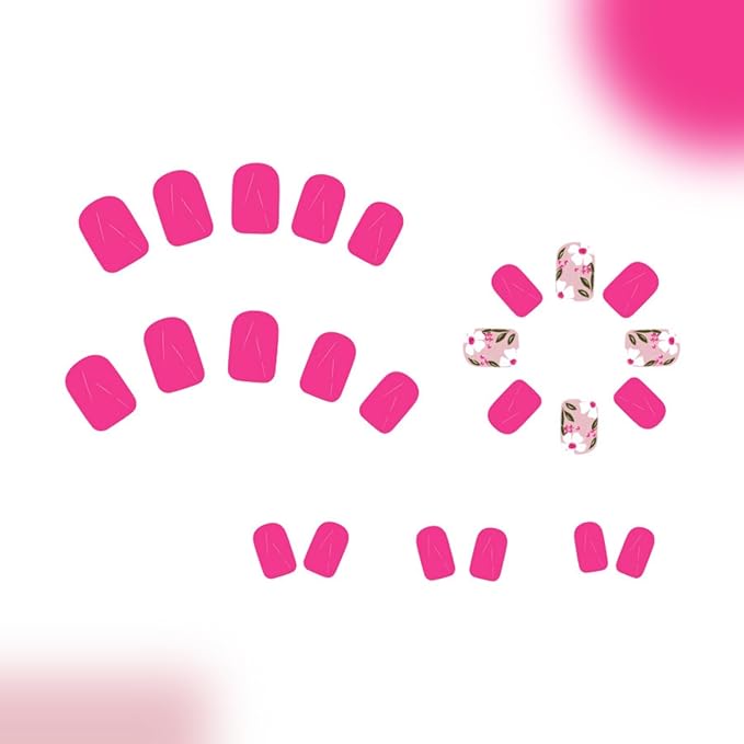 Flower Press on Nails Short Square Fake Nails Pink False Nails Spring Summer Glossy Full Cover Acrylic Nails Cute Floral Glue on Nails Shiny Artificial Stick on Nails for Women Manicure 24 Pcs