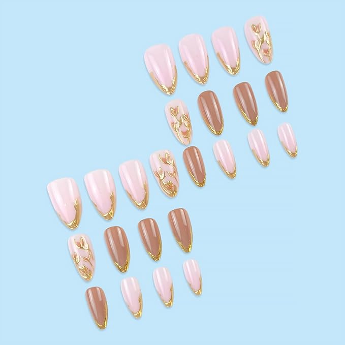 24Pcs Gold French Tip Press on Nails Medium Almond Fake Nails with 3D Flower Design Gilding False Nails Full Cover Artificial Glue on Nails Spring Summer Stick on Nails Glossy Nail Supplies for Women