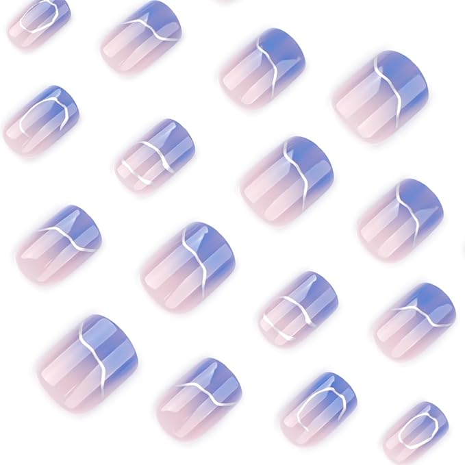 Short Square Press On Nails blue Nude Gradient False Nails with Silver Streaks Acrylic Press in Nail Gel Stick On Nails Set Glue on Nails for Women & Girls 24Pcs