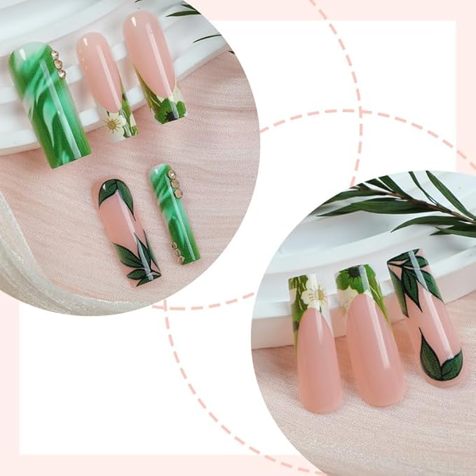 Long Press on Nails Square Fake Nails French Tip False Nails Green Artificial Nails with Designs Stick on Nails for Women 24pcs