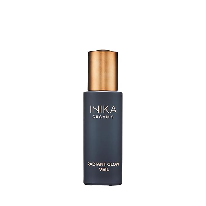INIKA Organic Radiant Glow | Illuminate & Prime. Dewy, radiant Finish. Beautifying Primer, Nourishing Moisturiser, Finishing Highlighter. 100% Natural, 72% Organic Ingredients. Alcohol Free. 30mL