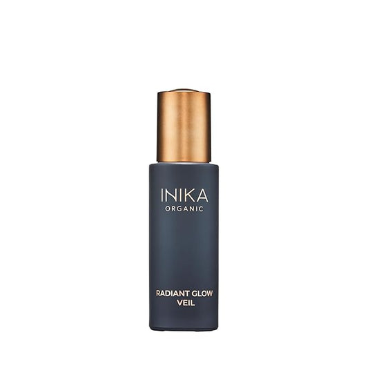 INIKA Organic Radiant Glow | Illuminate & Prime. Dewy, radiant Finish. Beautifying Primer, Nourishing Moisturiser, Finishing Highlighter. 100% Natural, 72% Organic Ingredients. Alcohol Free. 30mL