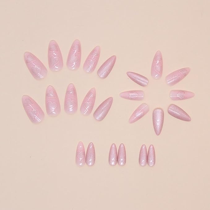 Almond Press on Nails Medium French Tips Pink Glossy Full Cover for Women 24 PCS/Set (Pink Heart French)