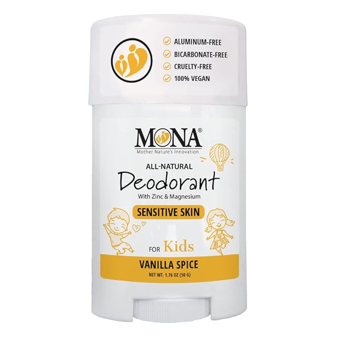 MONA BRANDS 100% Natural Deodorant for Kids | For Girls & Boys | Sensitive Skin | No Baking Soda | No Aluminum | Vegan, Non-GMO, Gluten and Cruelty free (VANILLA SPICE 1.76 Oz)