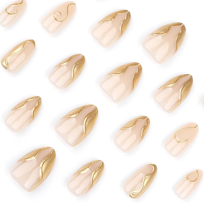 24Pcs 3D Gold Press on Nails Short Almond Fake Nails Irregular Line Design French Tip Acrylic False Nails Glossy Full Cover Chrome Glue on Nails Nude Stick on Nails Stiletto Artificial Nails for Women