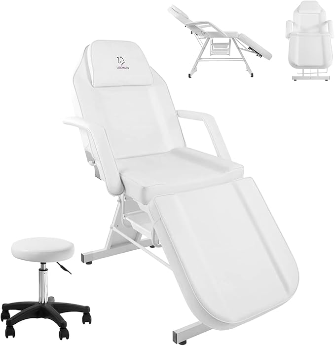 Facial Chair, Tattoo Chair Massage Bed with Hydraulic Stool for Professional Massage Facial Lash Beauty Spa, White