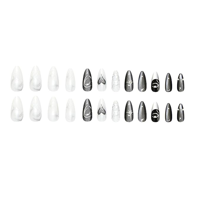 24Pcs Black Press on Nails Almond Medium Fake Nails Silver Chrome Artificial Acrylic Nails Y2K Star Full Cover Stick on Nails 3D Alloy Gothic False Nails Black Heart Glue on Nails for Women Manicure