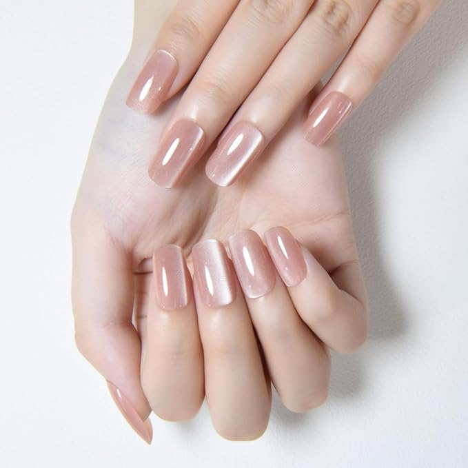 Nude Cat Eye Press on Nails Medium Square, Medium Square Press Glue on Nails Chrome for Women Gift, Nude Holographic Glitter Glossy Reusable Soft Gel Acrylic Fake Nail with Designs Cateye Effect