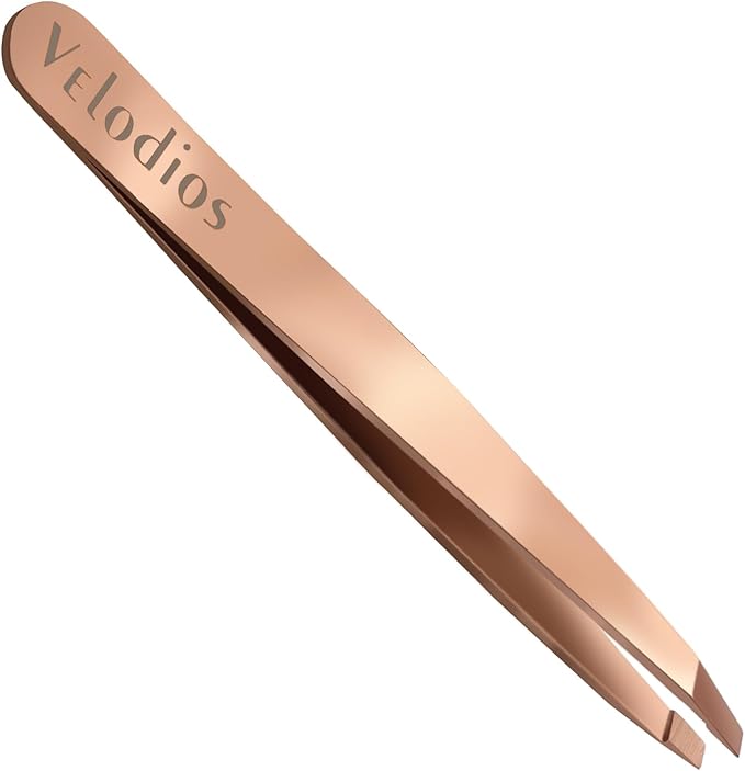 Precision Stainless Steel Tweezer for Eyebrows, Facial Hair and Fine Hairs Removal, Slant Tip Eyebrows Tweezers with Leather Case (Rose Gold)