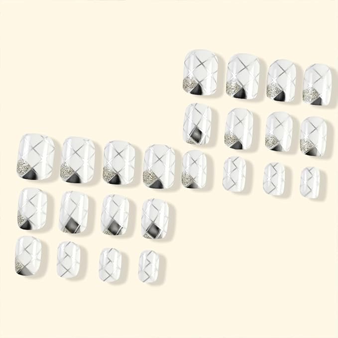 Silver Press on Nails Short Square Fake Nails Glossy White Acrylic Nails with Plaid Line Design Squoval False Nails Full Cover Glue on Nails for Women Girls Nails Decoration 24 Pcs