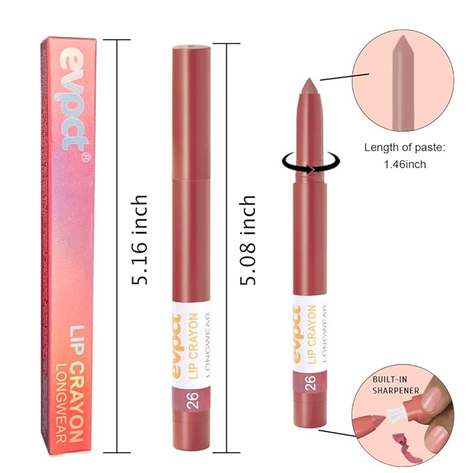 evpct Nude Lip Liner Crayon Pencils Set for Women, Matte Latte Nude Lip Stick Crayon Long Lasting, Lips Pencil Liner and Lipstick set, Lipliner Pencil, 24 Hours Long Wear Lipstick Built-in Sharpener