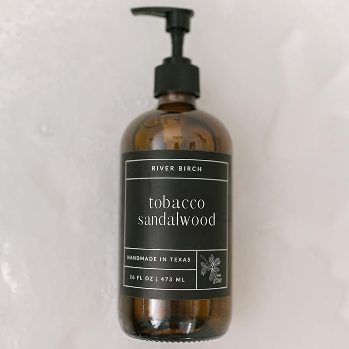 River Birch Tobacco Sandalwood Scented Natural Hand Soap - Handmade Soap - Moisturizing Hand Wash with Amber Glass Dispenser - Luxury Scented Hydrating Hand Soap - Vegan and Non-Toxic - 16 Fl Oz