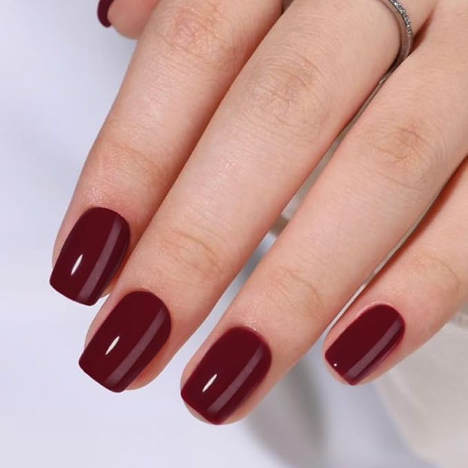 Burgundy Press On Nails Short Square Shape, Glossy Gel Finish Acrylic Fake Nails Kit, Reusable Glue On Nails, Long-Lasting, Natural Stick-On Manicure Set for Women, 24pcs DIY Elegant Nails