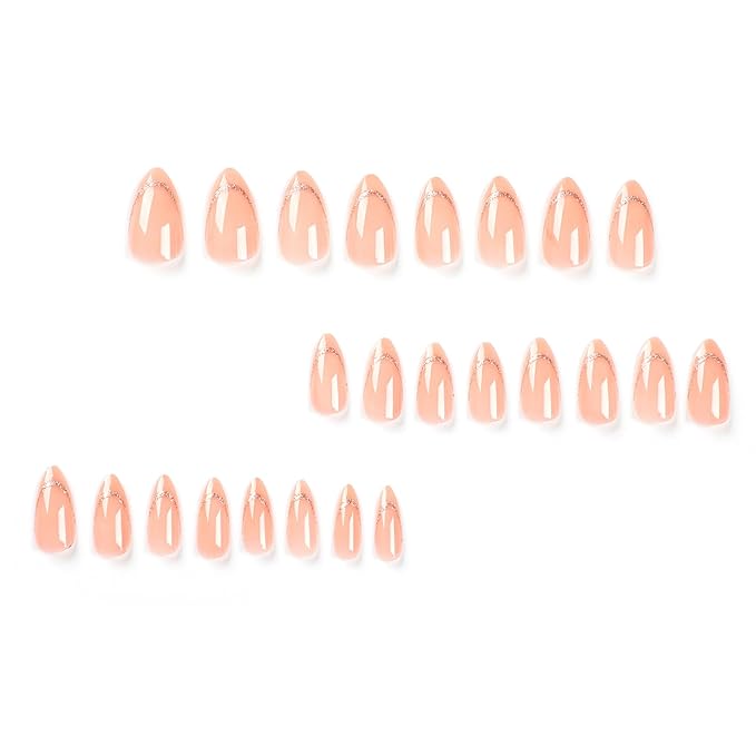 Medium Almond Press on Nails Nude Nature Fake Nails French Tip False Nails with Designs Gold Line Glue on Nails Glossy Full Cover Acrylic Nails Solid Color Stick on Nails for Women 24 Pcs