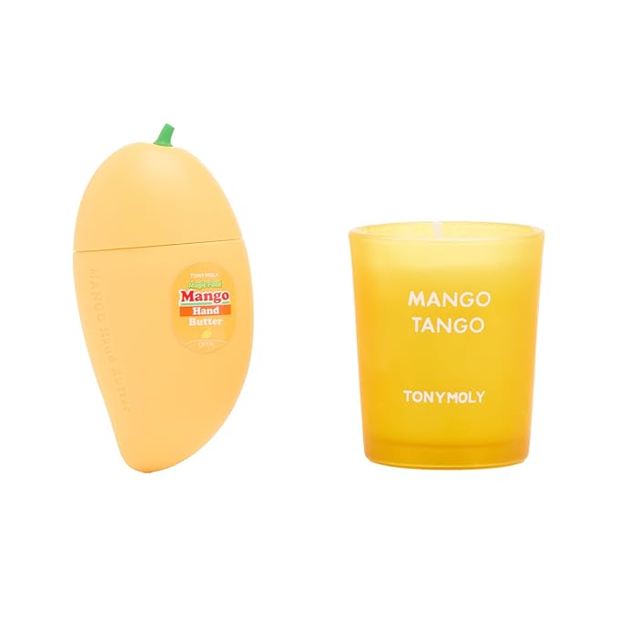 TONYMOLY Mango Tango Duo Gift Set – Nourishing Mango Hand Butter with Shea Butter & Oils + Mango Scented Candle, Hydrating & Soothing Holiday Gift for Soft Hands 2pc Gift Wrapped Set