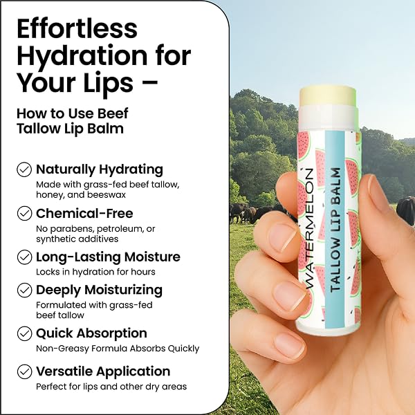 Tallow Lip Balm by Cattle Creek – Organic, All-Natural Ingredients, Long-Lasting Moisture and Hydration for Dry, Cracked, and Chapped Lips, Soothing Formula for Soft Skin (Pack of 3, Watermelon)