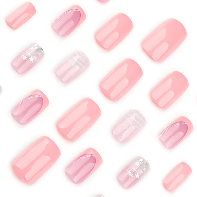 French Tip Press on Nails Medium Square Fake Nails Pink Glue on Nails with Star Lines Nail Art Decor Silver Star False Nails Reusable Artificial Acrylic Nails for Women Girls 24pcs