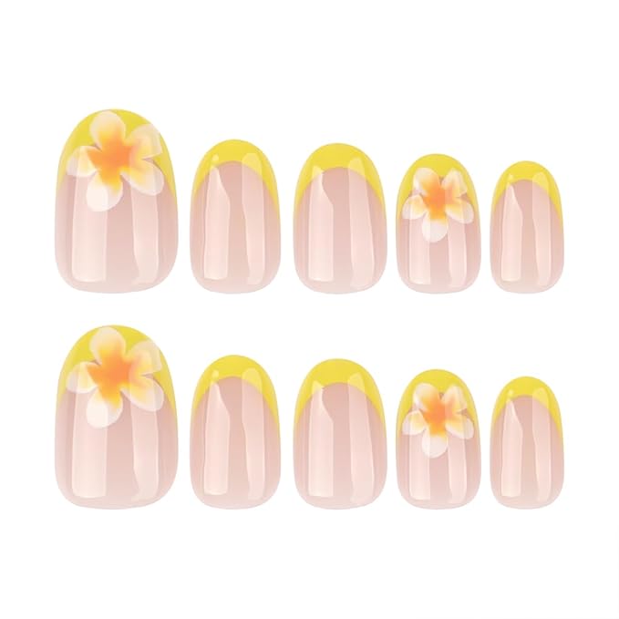 Yellow French Press on Nails with Flower Designs Short Oval Fake Nails Nude Glossy Acrylic Press in Nails Full Cover Stick on Nails for Women Nail Manicure 24 Pcs
