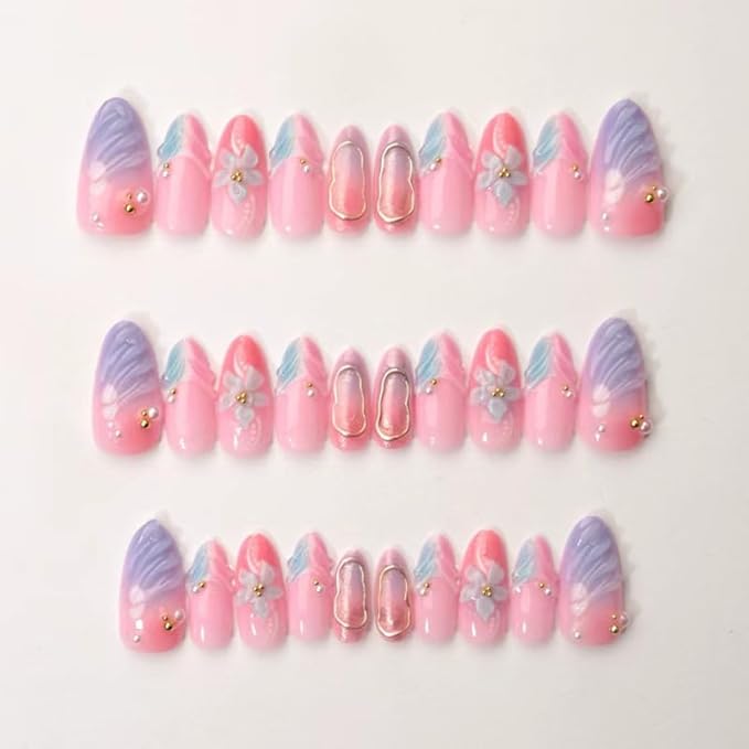 Long Almond Press on Nails with 3D Flowers Pastel Blue Fake Nails Glitter Fake Nails Elegant Stick on Nail for Women 24pcs