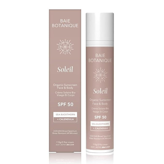 Baie Botanique Soleil - Organic Mineral Non Toxic Sunscreen for Face and Body SPF 50 - Sea Buckthorn & Calendula - Natural - Vegan - No White Cast - Chemical Filter Free - Reef Safe -UVA/UVB - 3.9 oz