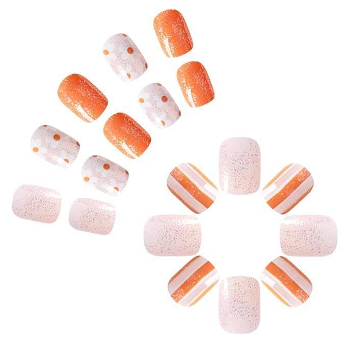 Spring Press on Nails Short Flower Fake Nails Square Shaped False Nails Floral Designs Acrylic Nail Tips Glossy Glitter Glue on Nails Spring Summer Artificial Stick on Nails for Women Girls