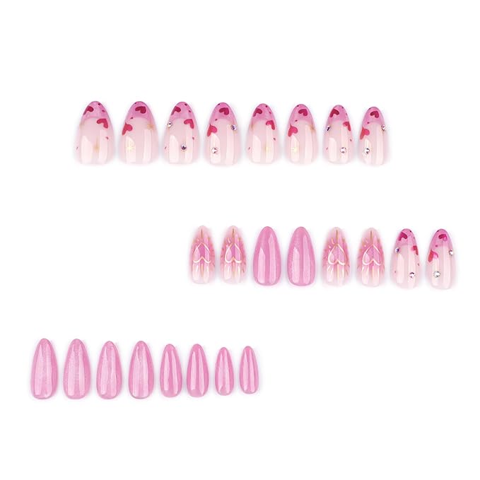 IMRAIN Press on Nails Medium Almond Fake Nails Pink Cat's Eye False Nails with Heart Designs Glossy Full Cover Glue on Nails Cute Acrylic Glitter Stick on Nails for Women Girls 24Pcs
