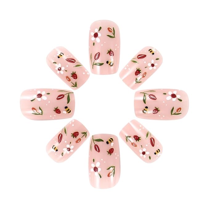 Spring Press on Nails Short Square False Nails with Flower Bee Designs Glossy Pink Fake Nails Full Cover Glue on Nails Floral Acrylic Nails Press ons Reusable Stick on Nails for Women 24Pcs