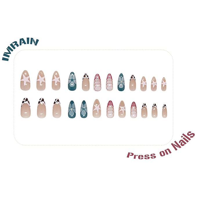 IMRAIN Press on Nails Medium Almond Fake Nails French Tip False Nails Crocodile Print Acrylic Nails Press ons Full Cover Glue on Nails Pink Blue Stick on Nails for Women Star 24Pcs