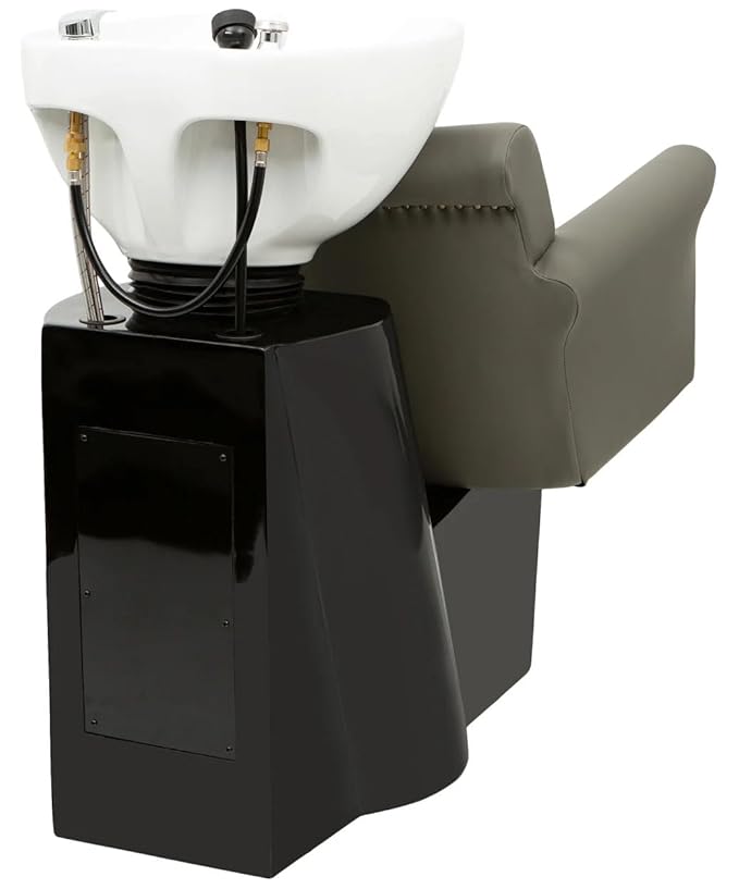 Buy-Rite Chelsea Backwash Unit – Tilting White Porcelain Shampoo Bowl, Gray Tufted Vinyl Chair, Brass Nailhead Trim, Removable Seat Cushion, European Faucet