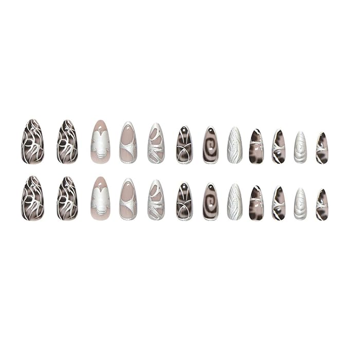 Dark Press on Nails Long Almond Fake Nails Flower False Nails Silver Irregular Line Butterfly Design Gradient Gothic Stick on Nail Artificial Glue on Nail for Women Decoration Salon Manicure