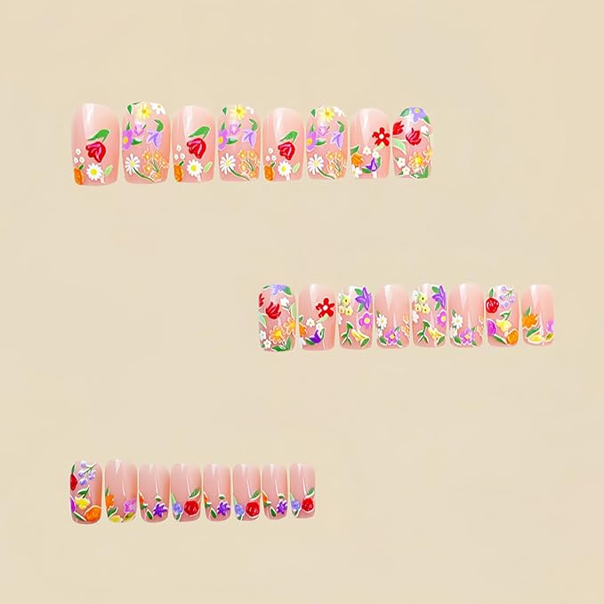 24Pcs Medium Square Glossy Flower Fake Nails - Colorful 3D Flowers Acrylic Press On Nails - Full Cover Artificial Glue On Nails - Spring Summer Nail Supplies for Women DIY Manicure Salon