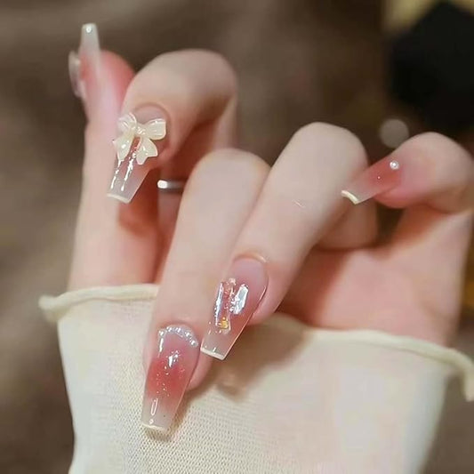 RikView Long Fake Nails Pink Press on Nails with Pearls Coffin Acrylic Nails Glossy Full Cover Nails for Women 24 PCs/Set