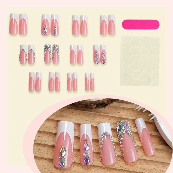 Long Press on Nails Square Shape Cute Fake Nails Pink with Rhinestones Design White French Tip False Nails Summer Glue on Nails for Women 24pcs